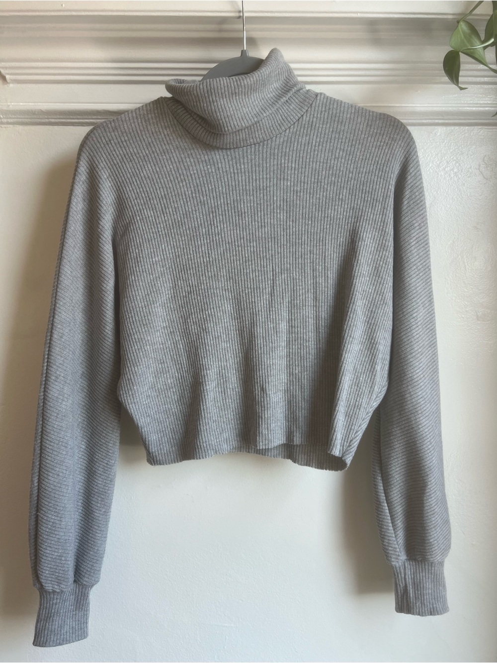 Gray Ribbed Mock Neck Crop Top Long Sleeve Fitted Sweater